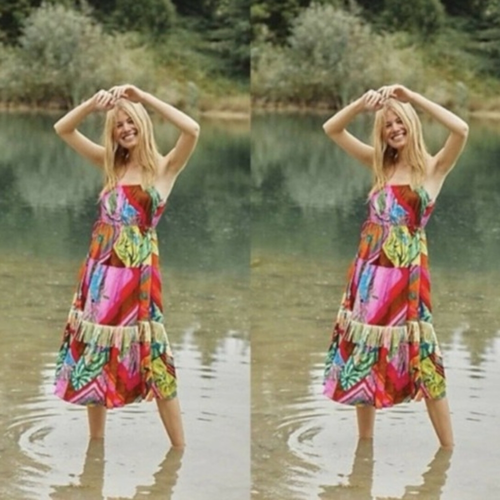 Anthropologie Farm Rio Palila Fringe colorful boho dress